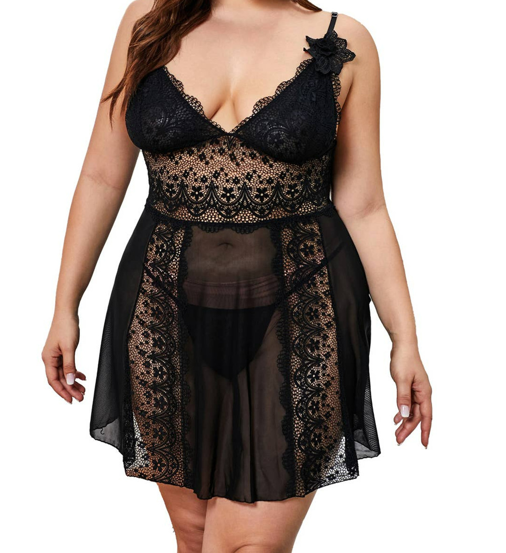 Womens Black Sheer Babydoll Chemise Lingerie Slip Lace Bust and GString Panty 2X